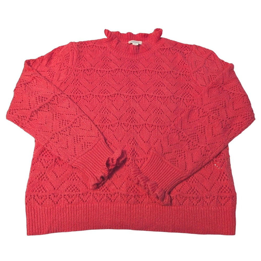 Sundance Womens XL Coral Red Pointelle Knit Ruffle Mock Neck Wool Blend Sweater
